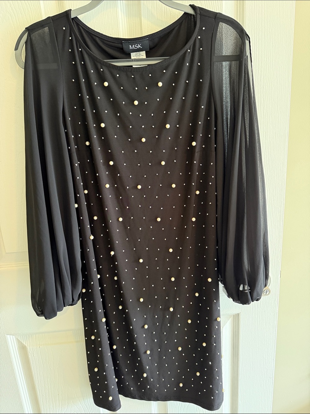 MSK Black Sheer Bishop Sleeve Pearl & Rhinestone Shift Dress - Picture 1 of 7